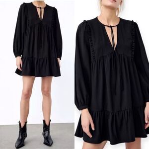 Zara Black Ruffle Pleated Boho Smock Tunic Dress Festival Size S‎ Bloggers Fave